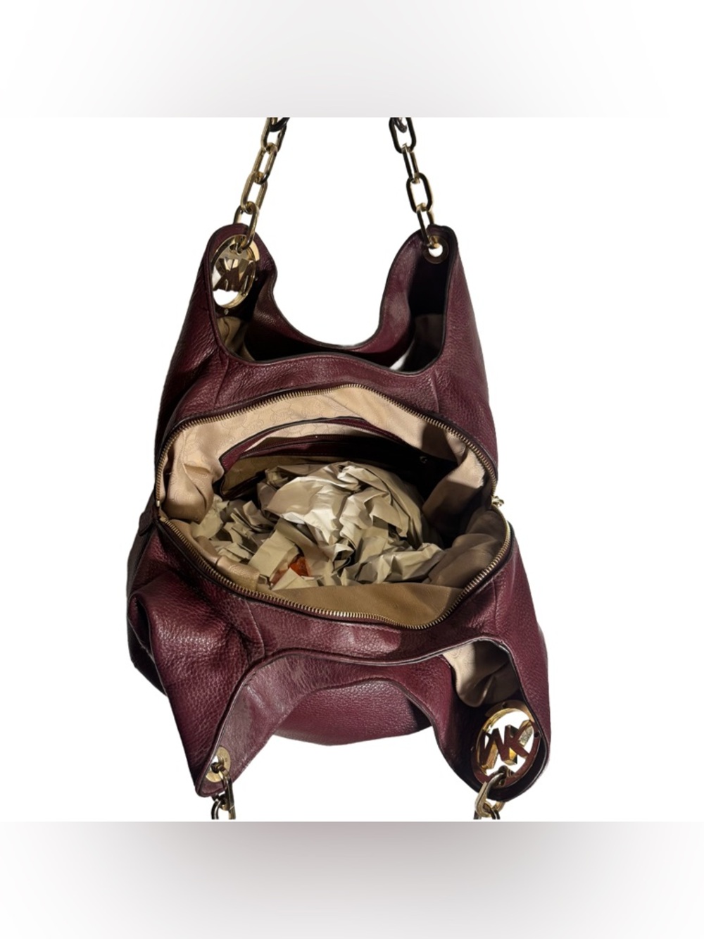 Michael Kors Fulton Hobo Bag Burgundy Pebbled Leather Tote Gold Shoulder Bag - Picture 5 of 7